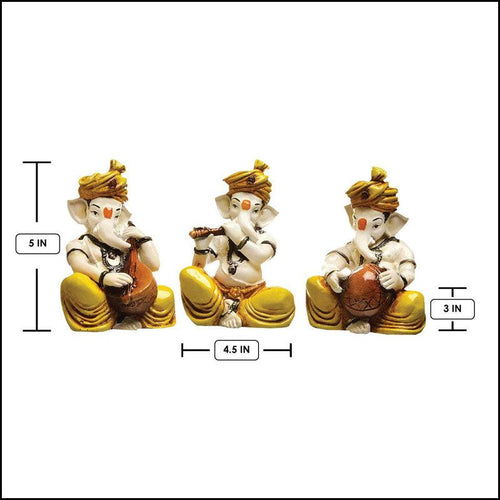 Yellow Dhoti & Turban Ganeshas Playing Instruments - Green Ninja
